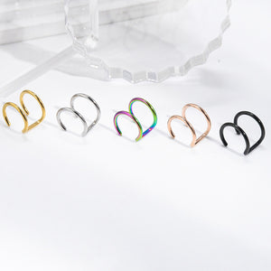 Five double line ear cuffs in gold, steel, rainbow, rose gold and black