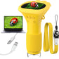 Yellow handheld digital microscope showing a ladybug on its screen, with USB cable, laptop and yellow lanyard