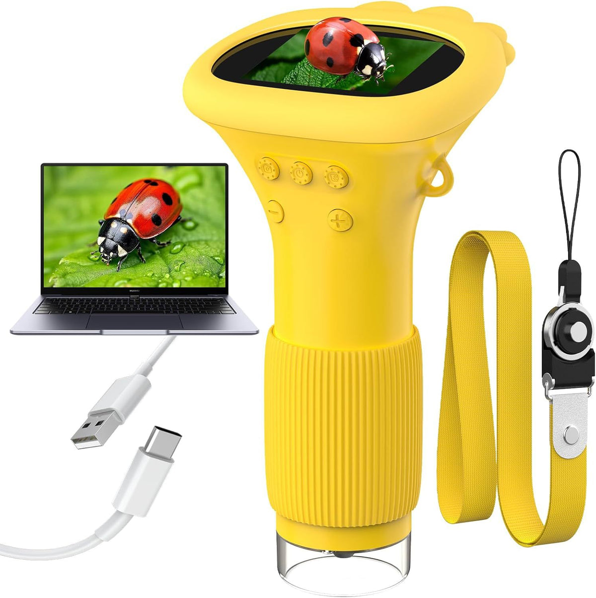 Yellow handheld digital microscope showing a ladybug on its screen, with USB cable, laptop and yellow lanyard