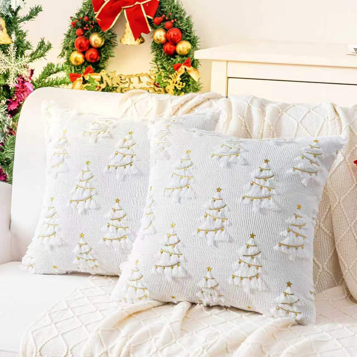 Plush carved cushion cover with a Santa and tree motif raised out of the plush pile, view 50