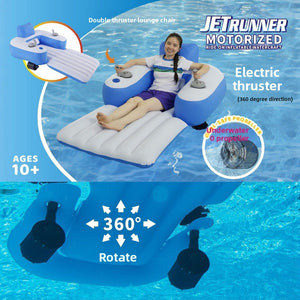 Person seated on the motorized inflatable pool lounger steering with the armrest thrusters