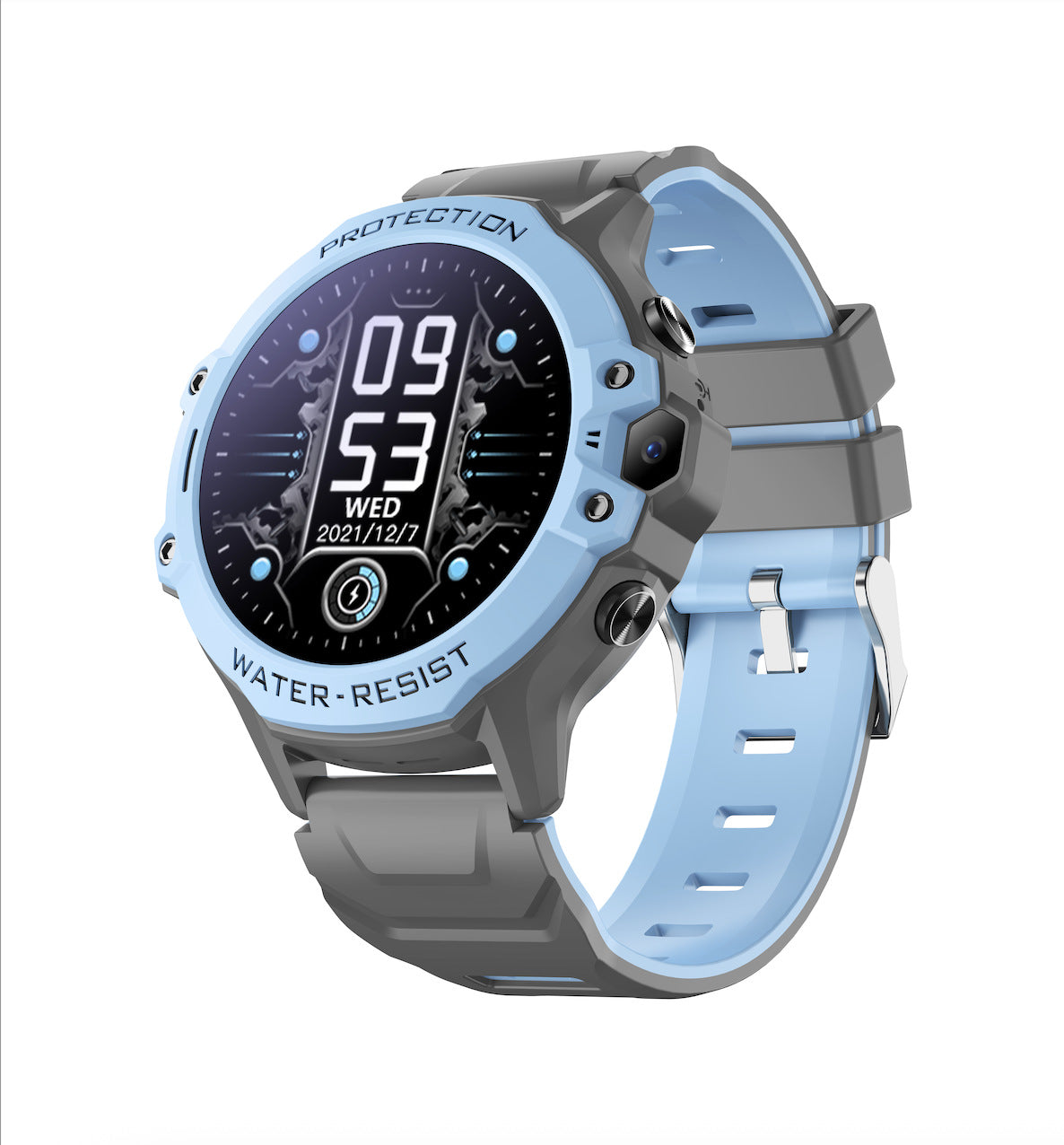 Light blue kids smart watch option photo with a digital watch face and a grey and blue wristband