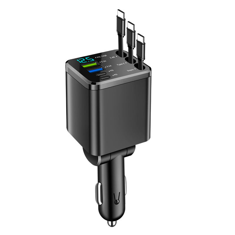 Black M14 car charger with two Type-C cables and one iOS cable on a white background