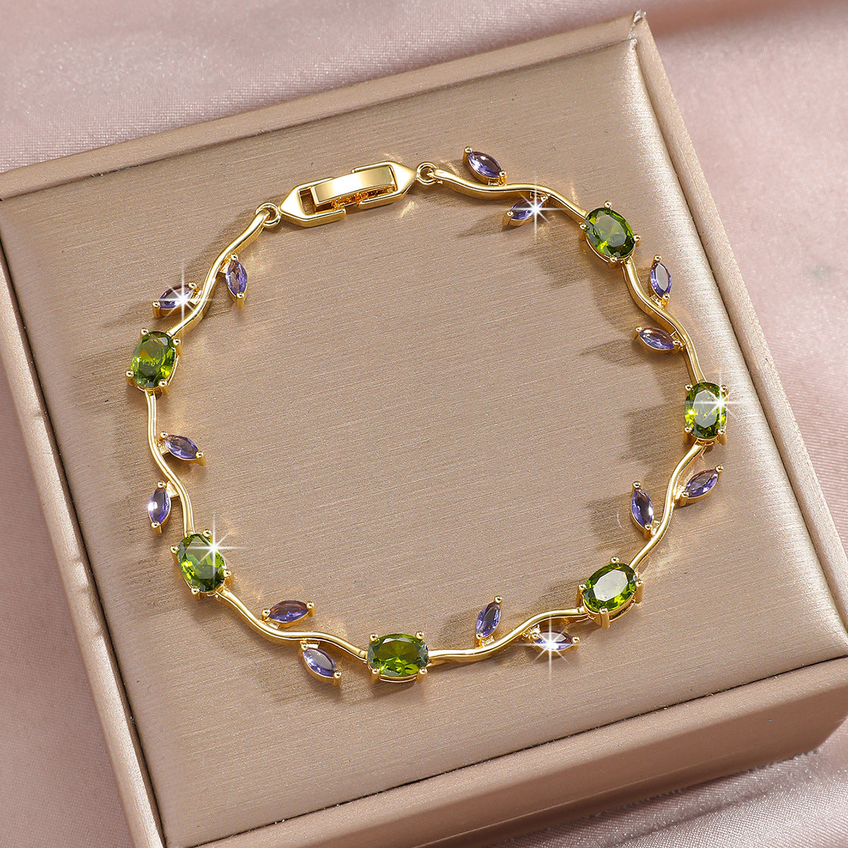Zircon Gold Plated Leaf Design Bracelet | front view product hero shot