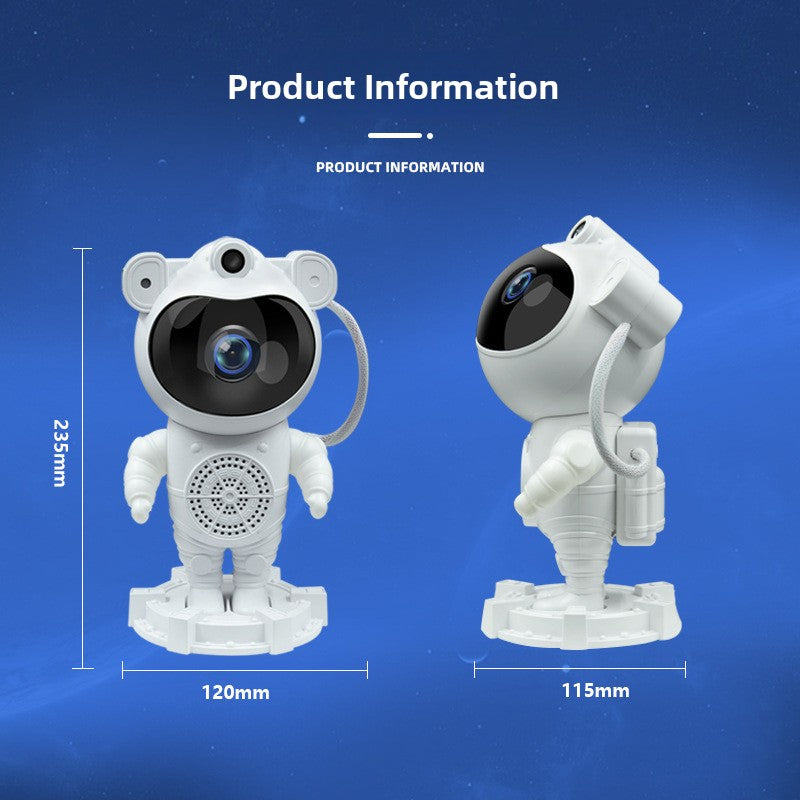Astronaut star projector standing on a shelf as a bedroom night light