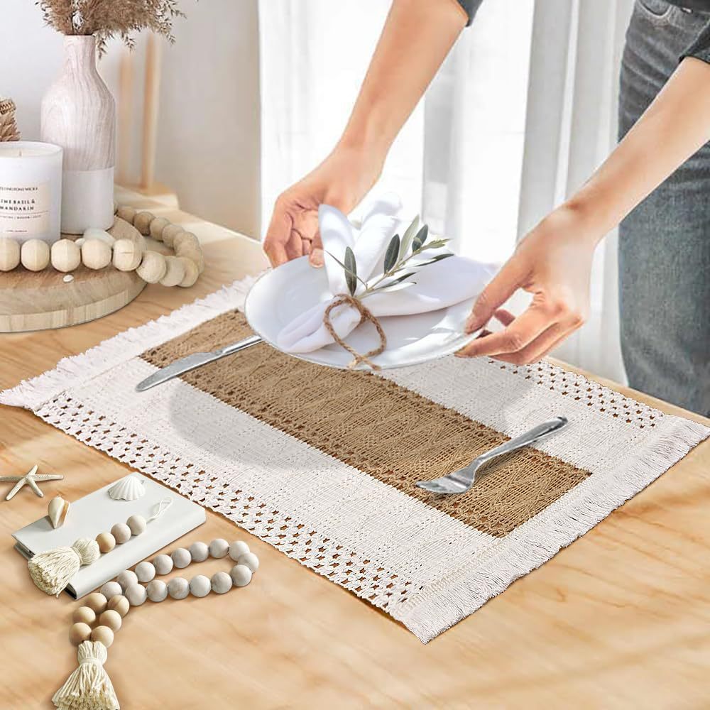 Side profile of the knitted placemat showing thickness and tasseled corner