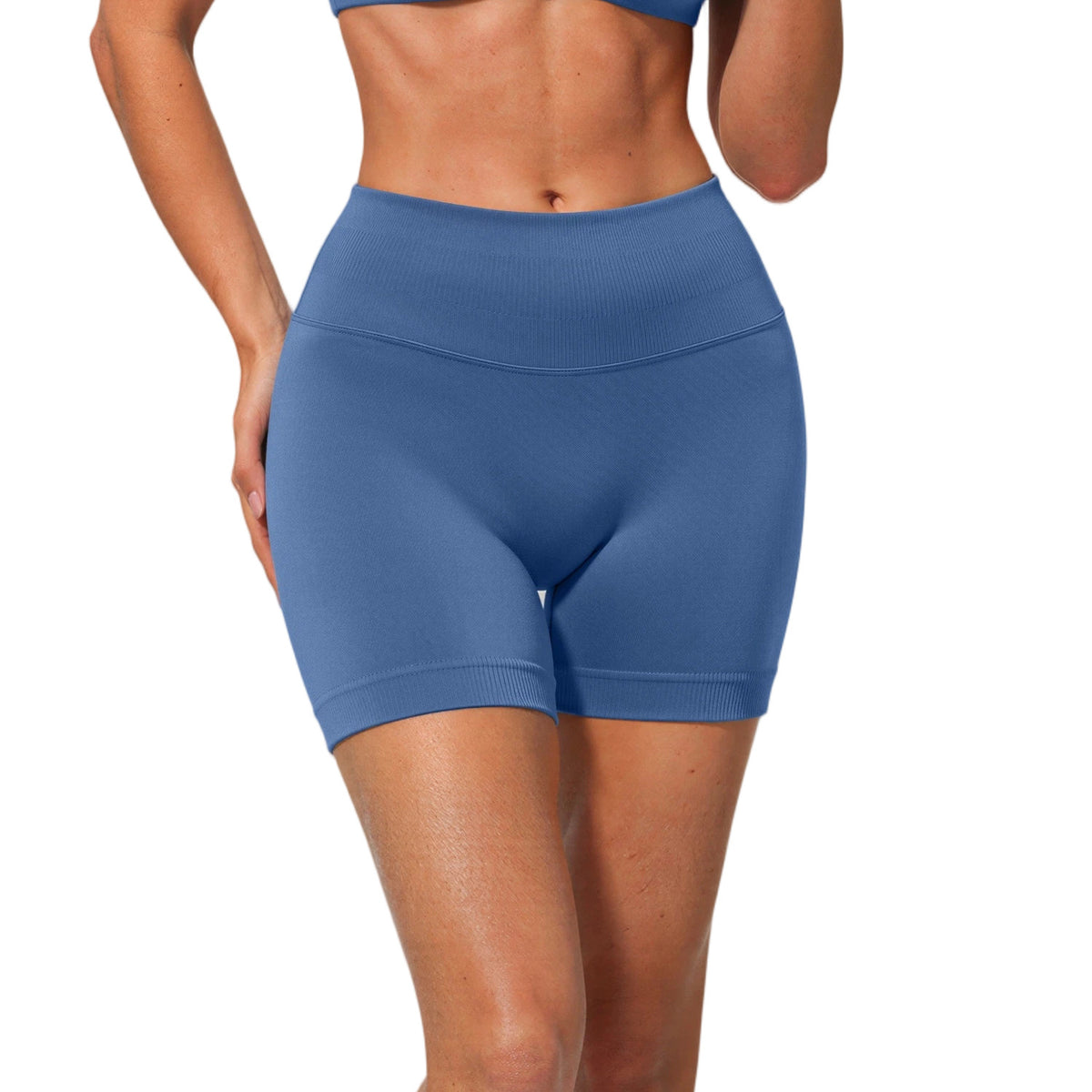 Azure blue high waisted seamless yoga shorts with a wide ribbed waistband, front view, size S option