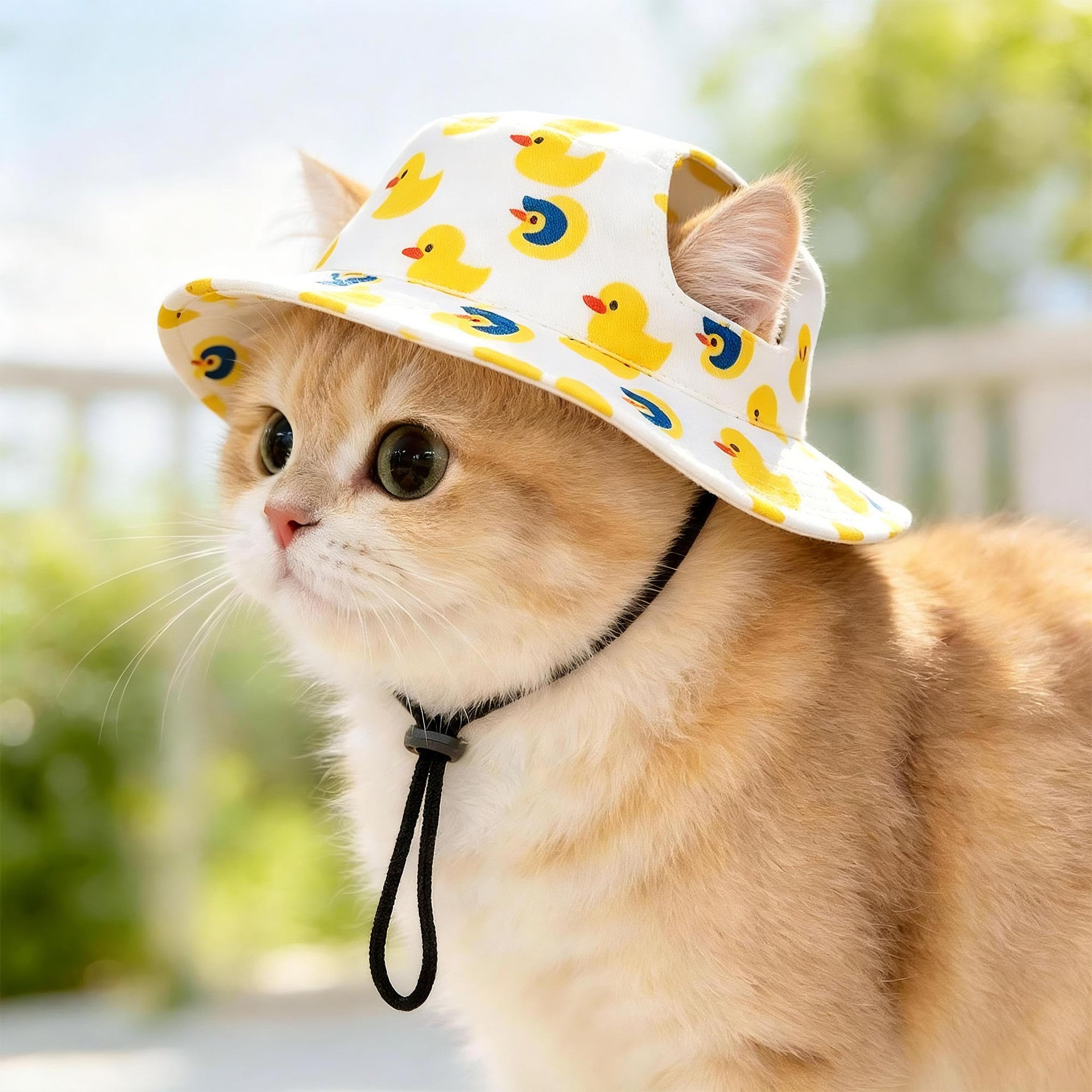 Pet bucket sun hat with ear holes and chin cord in a blue and white check