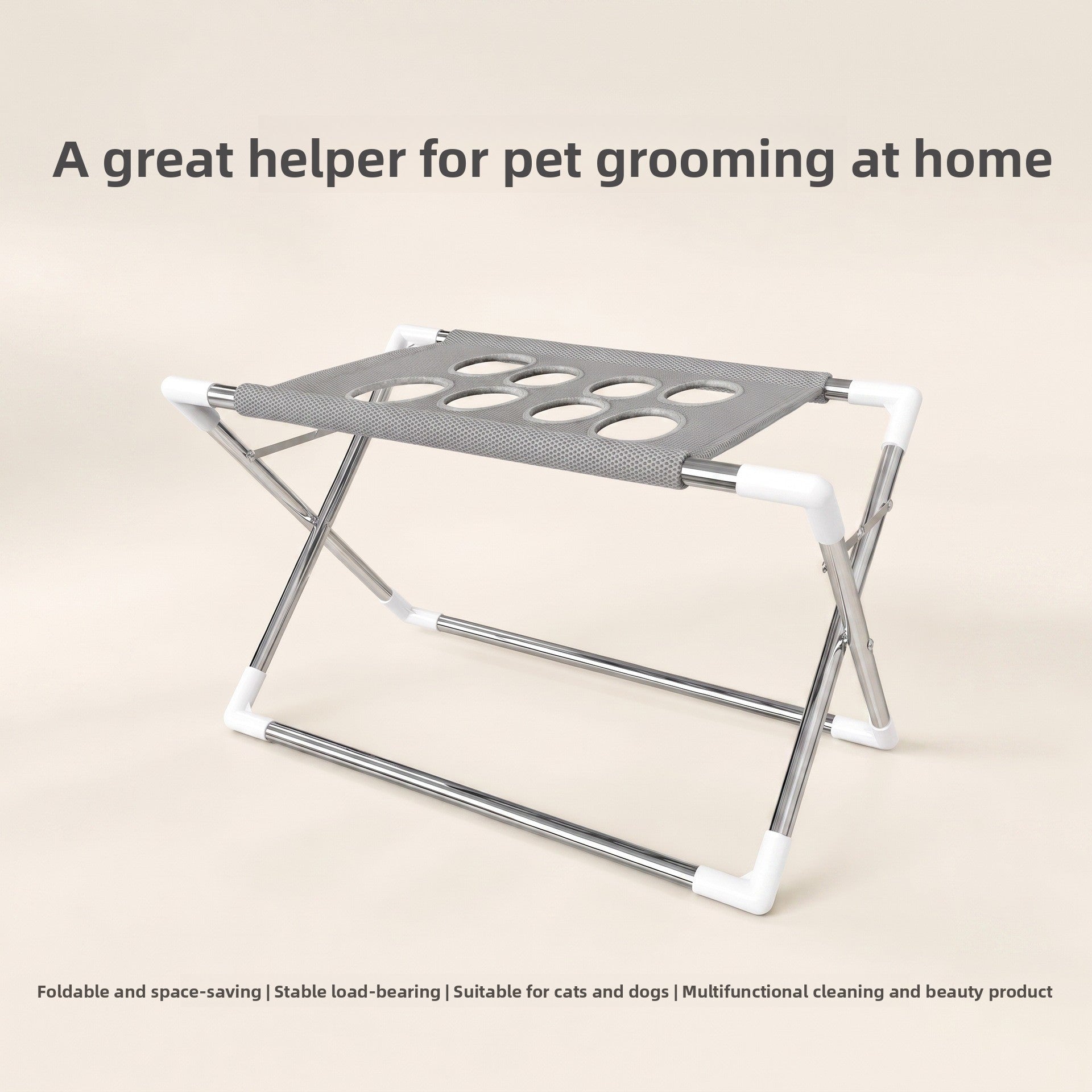 Foldable pet bathing stand, dog standing on the mesh top during a bath