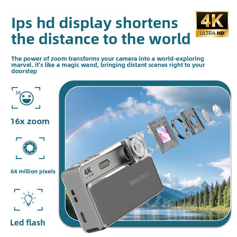 Compact digital camera held in hand showing pocket-sized scale of the body