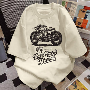 Cream loose short sleeve crew neck cotton t-shirt with a vintage motorcycle print and Cafe Racer Dreams lettering