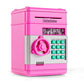 Kids ATM money box shaped like a mini bank safe with a vault door and keypad