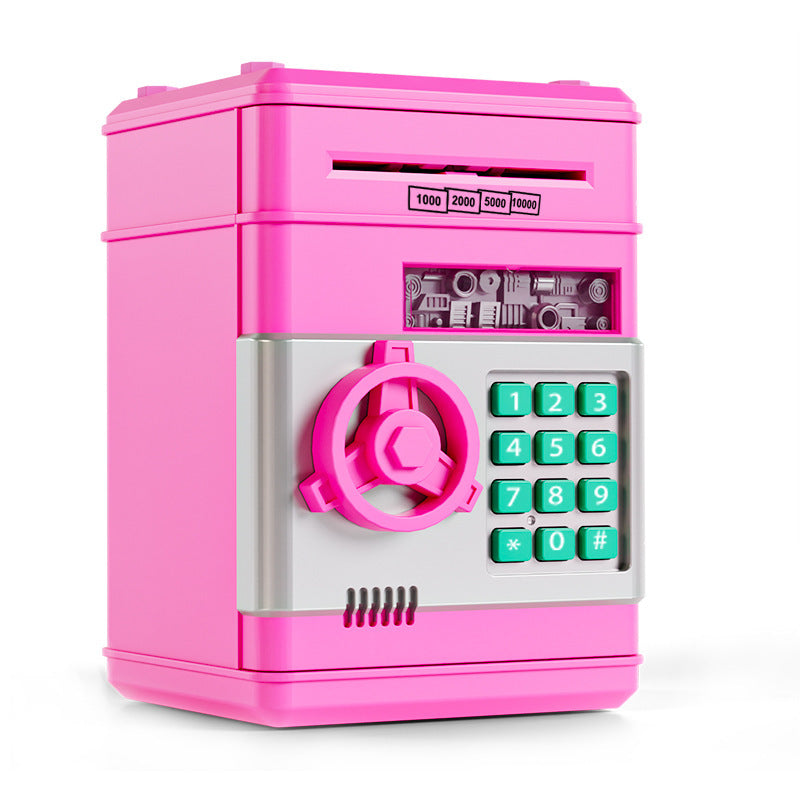 Kids ATM money box shaped like a mini bank safe with a vault door and keypad