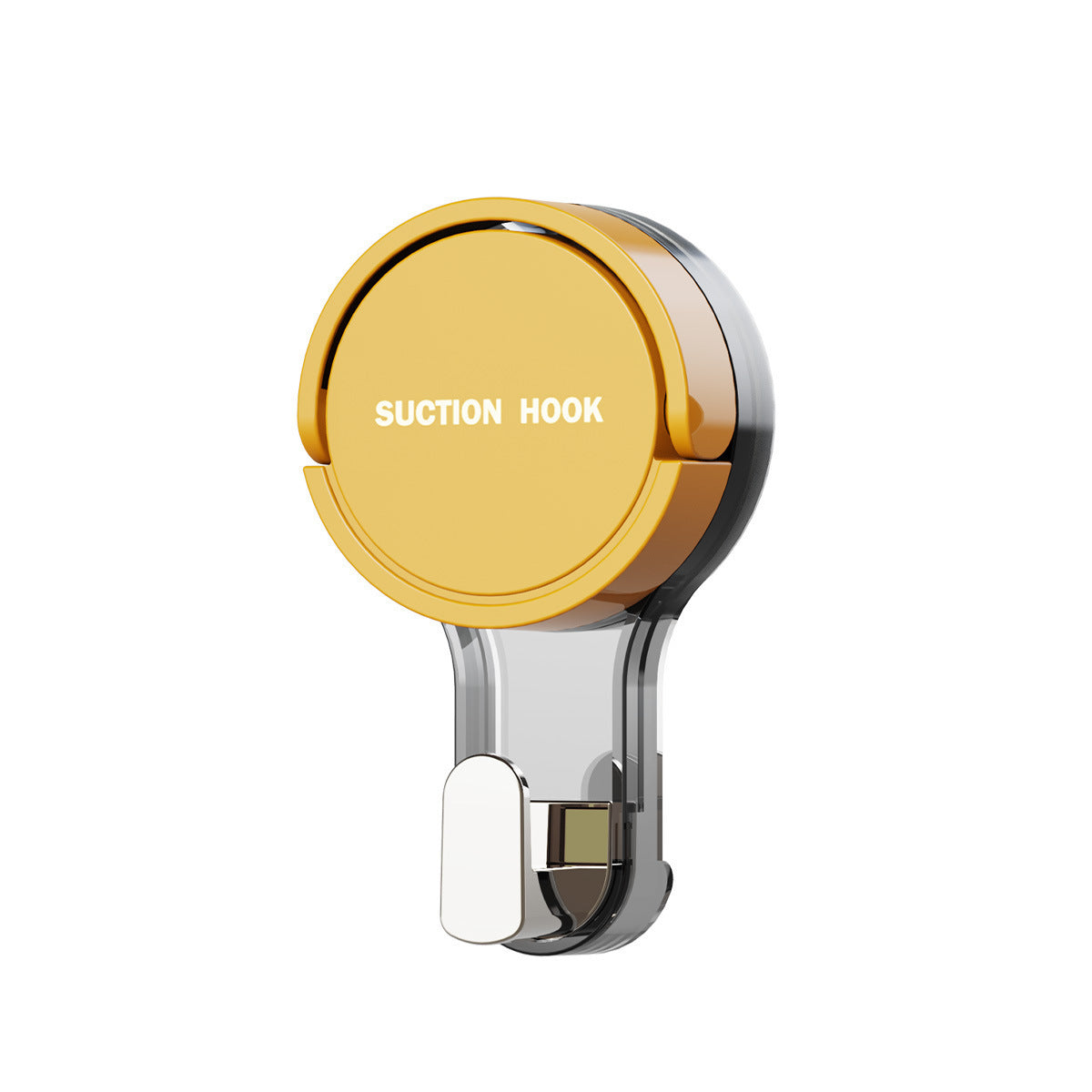 Yellow suction cup hook with round cap and clear base on a white background