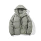 Hooded padded puffer jacket in gray green, zip and placket detail