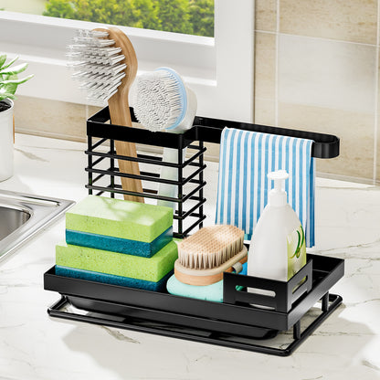 Black steel kitchen sink caddy on a counter holding brushes, sponges, cloth and a soap bottle