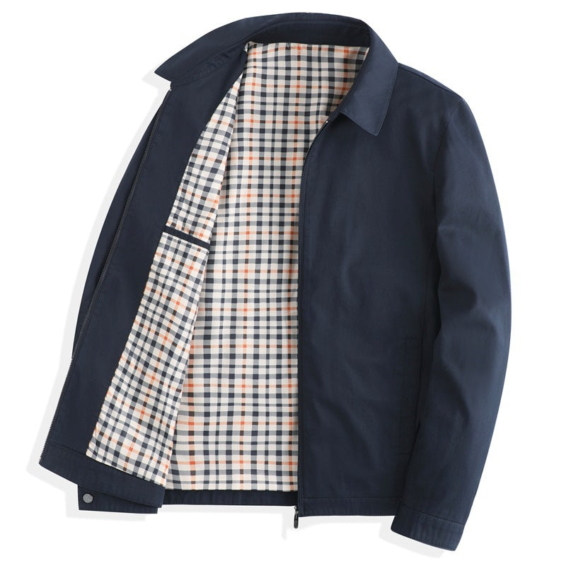 Navy cotton zip jacket with a turn-down collar and warm plaid lining, size 185 XXL option photo