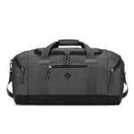 Dark gray Oxford cloth travel duffel bag with top grab handles and front zip pockets