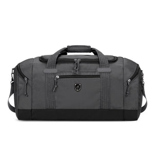 Dark gray Oxford cloth travel duffel bag with top grab handles and front zip pockets