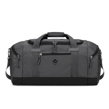 Dark gray Oxford cloth travel duffel bag with top grab handles and front zip pockets