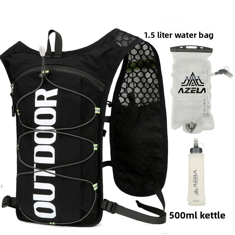 Black hydration backpack shown with a separate 1.5 liter water bladder and 500ml soft flask