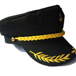 Classic captain hat front view showing flat crown and braided cord band