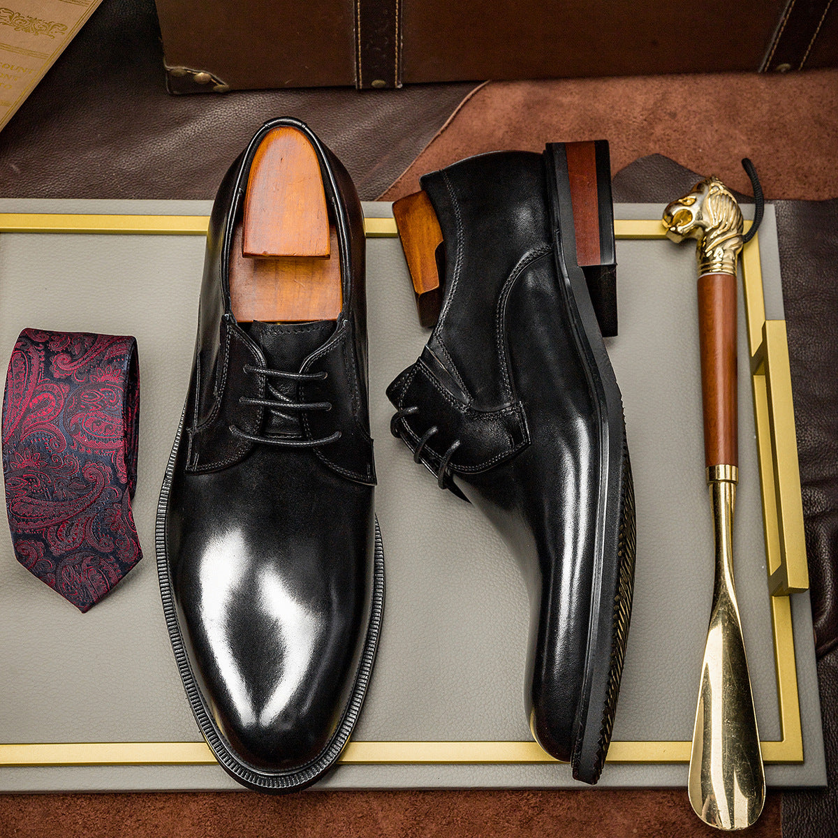 derby leather shoe side profile showing lace closure