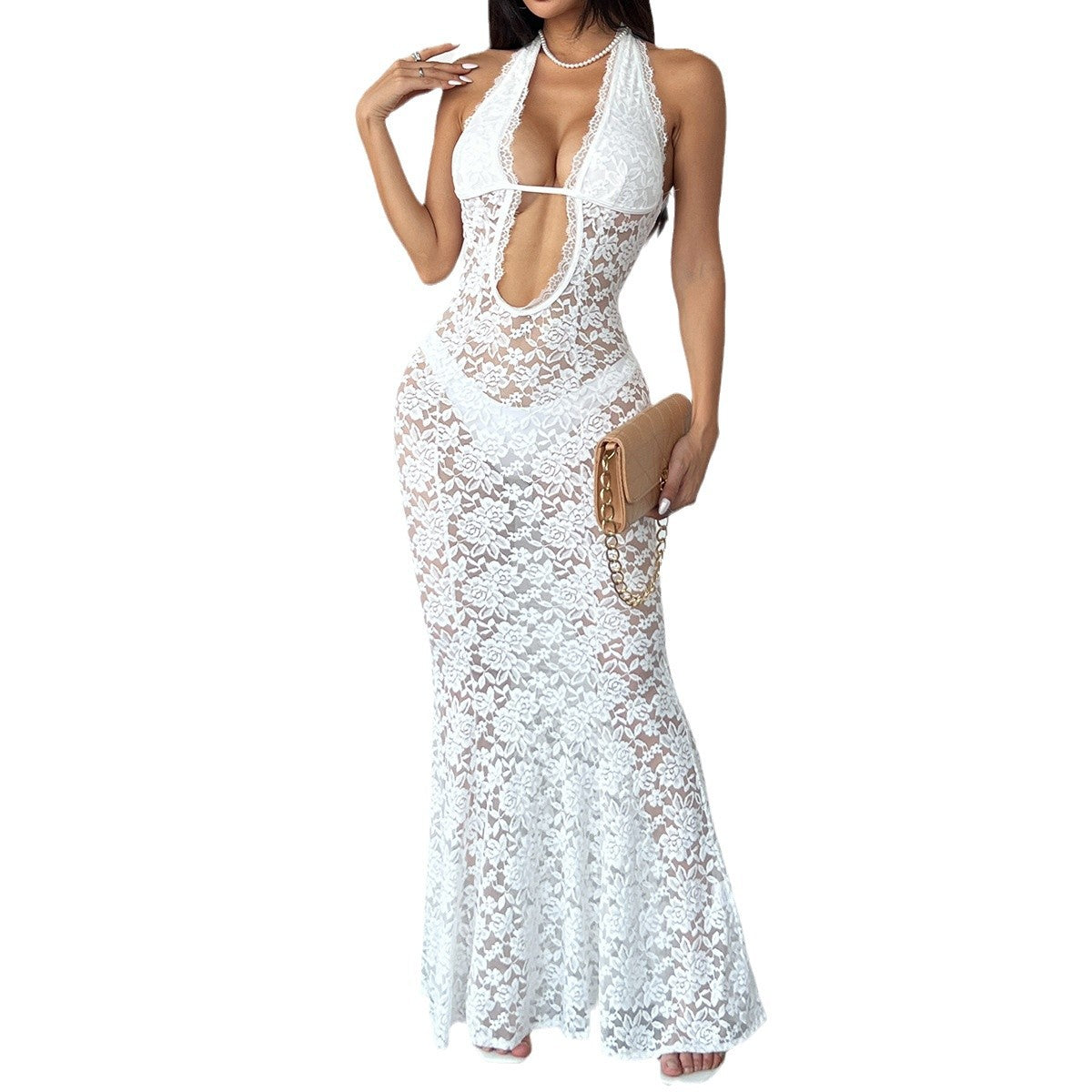 Slim mermaid lace dress full length front pose