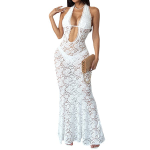 Slim mermaid lace dress full length front pose