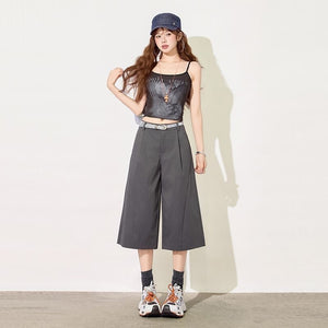 Dark gray ice silk cropped wide leg suit pants styled with cami and cap