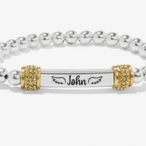 Silver stainless steel bead bracelet with an engraved message bar and pave cubic zirconia caps