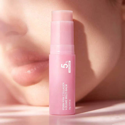Pink collagen balm skincare product, showing the pink essence balm stick standing upright