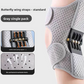 Grey perforated knee wrap worn on a leg with the coil spring panel at the side