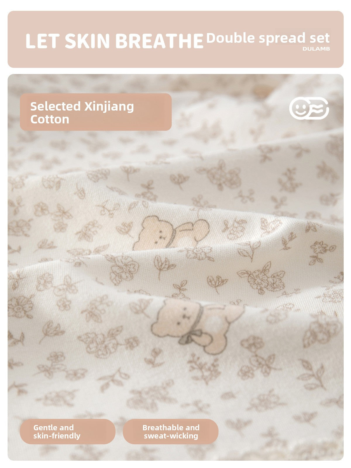 Close view of cream floral fabric with tiny bear motifs and the ruffle doll collar of the top