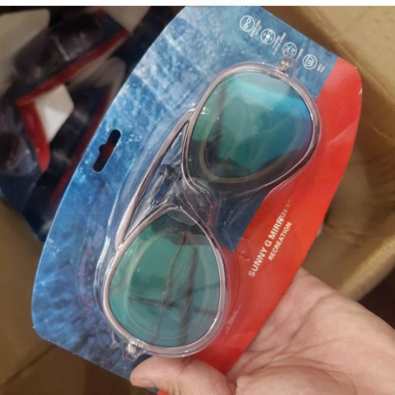 Grey green mirror aviator swim goggles held in a blister pack over a shipping box