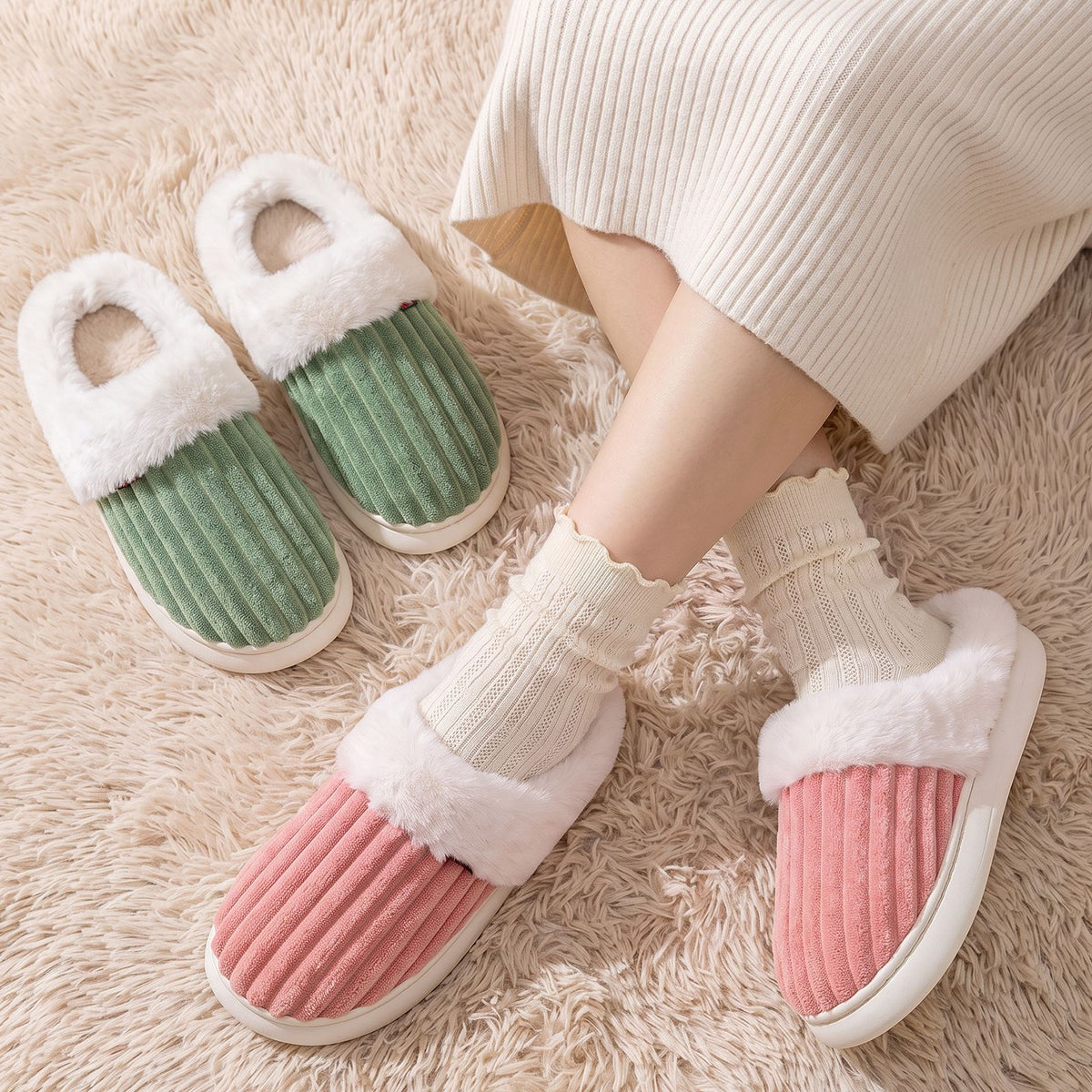 Ribbed corduroy plush indoor slipper with rounded closed toe and open heel