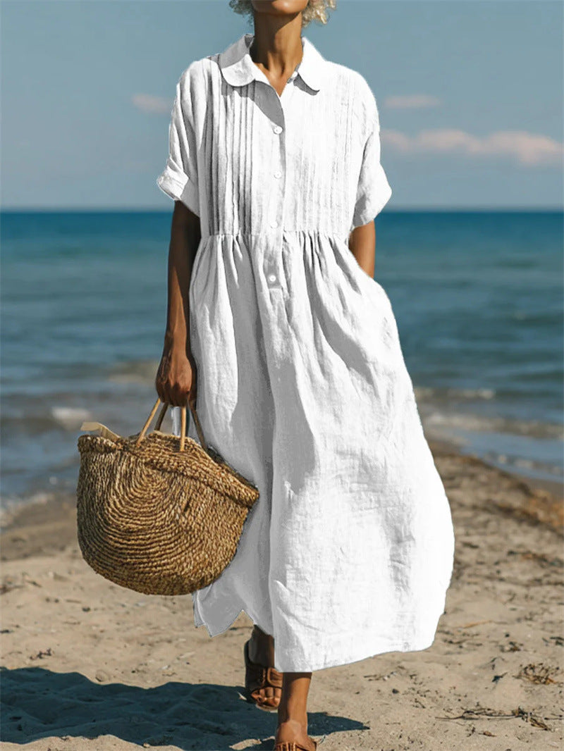Short-sleeve cotton linen dress in natural daylight styling