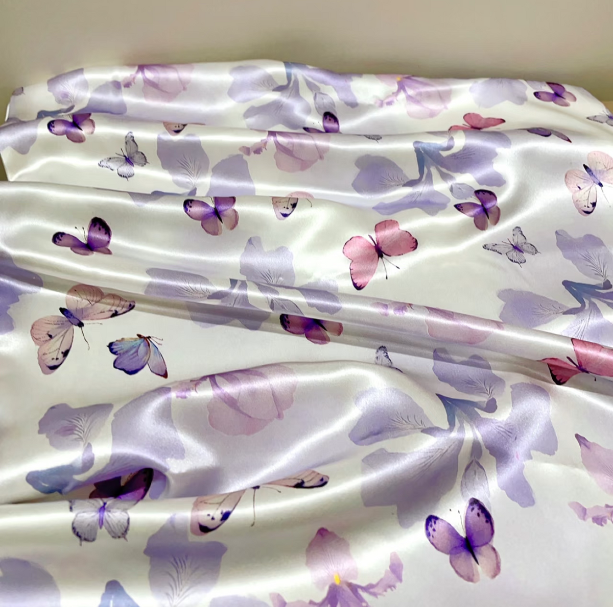 Dawn dream butterfly print silk pillowcase with lilac butterflies on white