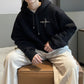 Mens letter print fleece sweatshirt shown in hooded and crew neck styles, product photo