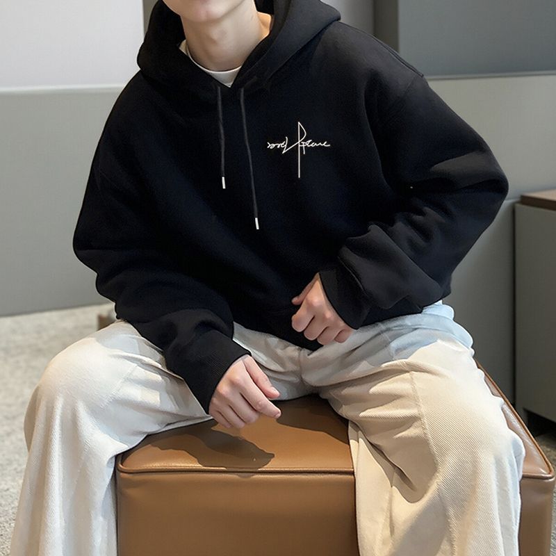 Mens letter print fleece sweatshirt shown in hooded and crew neck styles, product photo