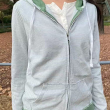 Womens Green Striped Zip-Up Hoodie with Ribbed Hem and Cuffs