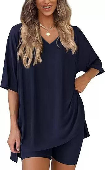 Navy Blue milk silk V neck loungewear set, oversized top and matching shorts, size XL
