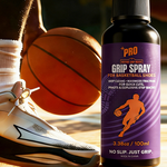 PRO grip spray bottle for basketball shoes beside a court shoe and a basketball