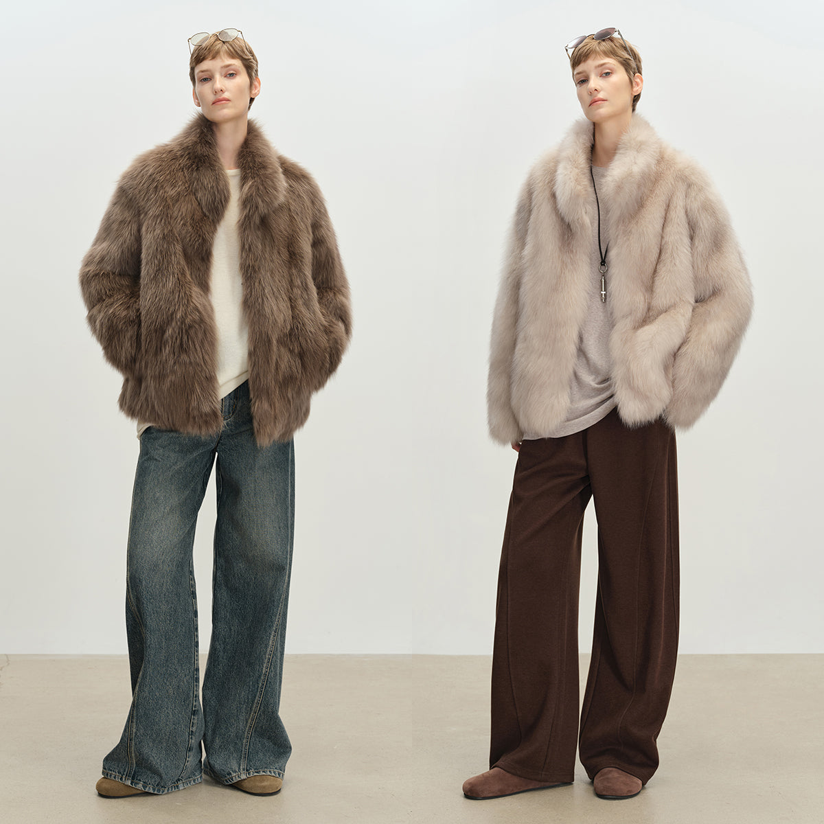 Long haired faux fur coat photographed on a model, dropped shoulder and full plain sleeve