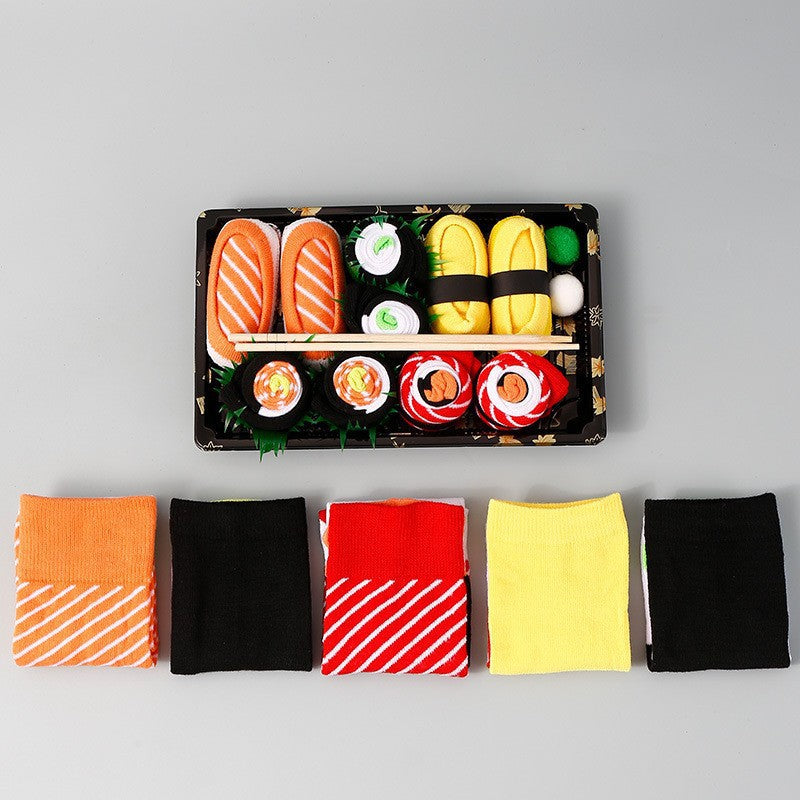 Womens food pattern cotton crew socks rolled and boxed to look like a sushi tray, a novelty gift set