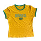 Yellow Brasil ringer tee flat lay with green neck and cuff trim