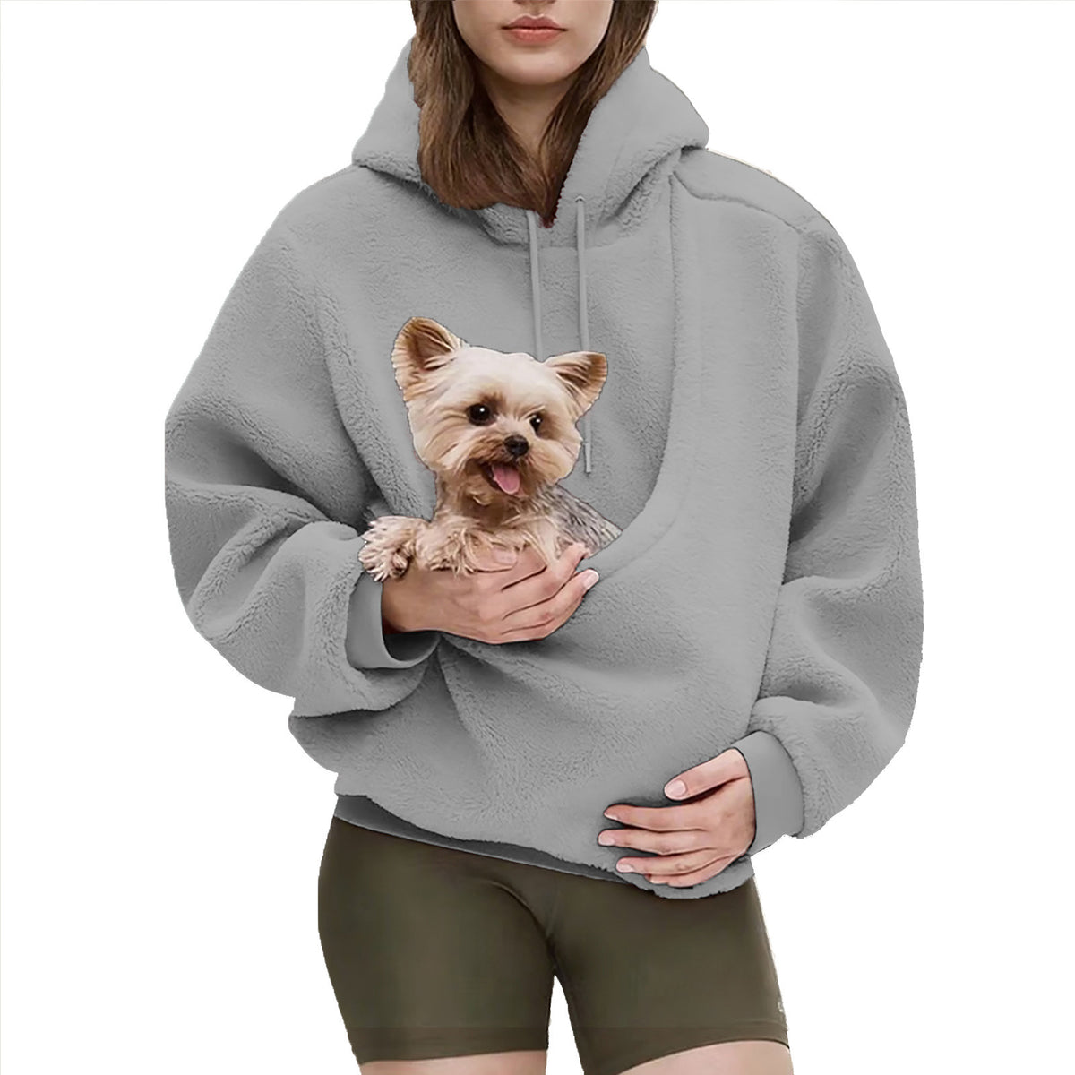 Khaki plush fleece hooded sweatshirt with a large front pet pouch shown on a model