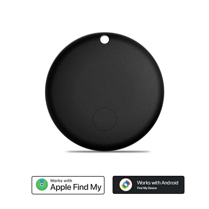 Round black F08 Bluetooth item tracker with Apple Find My and Android Find Hub badges