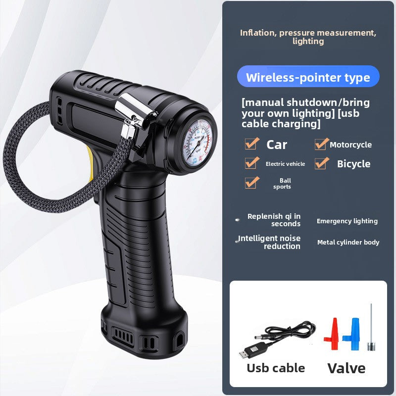 Black cordless tire inflator with digital screen, LED light and wrapped air hose on white