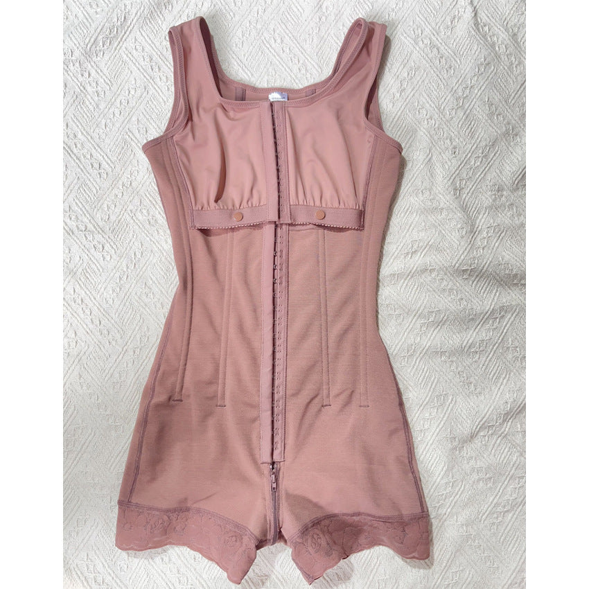 Rose full body shapewear bodysuit laid flat showing front hooks, chest snap panel and lace trimmed legs